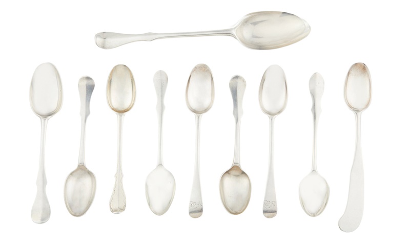 Lot 529 | A small collection of Scots Fiddle pattern teaspoons maker's marks only, to include example by william Davie, A Aitchison, T&G, William Marshall etc, together with an unmarked Scots Fiddle dessert spoon Combined weight: 3.7oz | £150 - £180 + fees